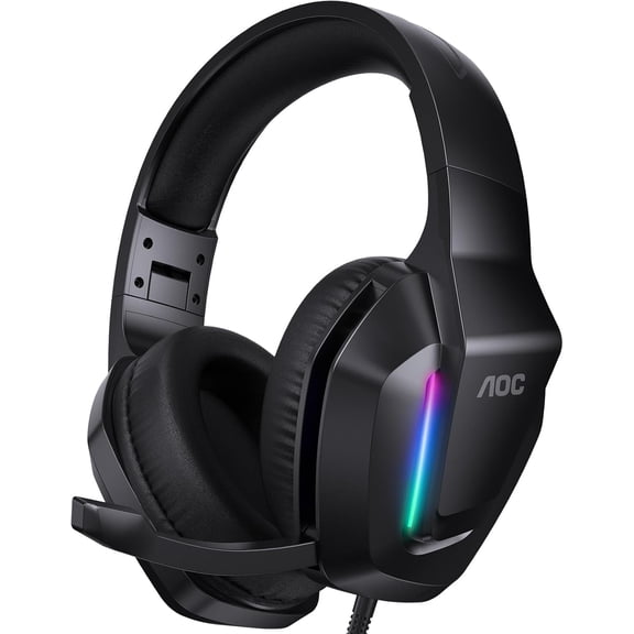 AOC Gaming Headset with Noise Cancelling Mic, Wired Gaming Headphone for PC, PS5, Xbox Series, Xbox Headset, Switch, MAC, High-Quality Sound, RGB Light, Foldable, Portable, Black