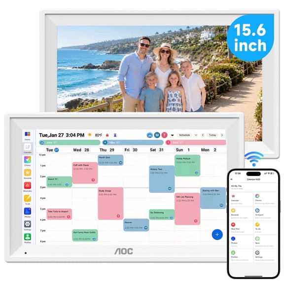 AOC Digital Calendar, 15.6-inch Smart Wall Calendar Touchscreen Interactive Display Digital Calendar, All-in-One Family Organizer and Chore Chart, Wall Mount