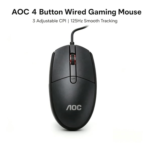 AOC MS130B Business Wired Optical Mouse, 98g Compact Body, 3-Speed 2000 Max DPI & 125Hz Rate, Non-RGB Lighting, USB Port, 1.5m Flexible Cable, 4-Button Mouse for Office, Study & Light Gaming
