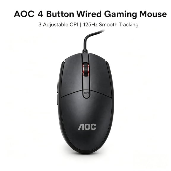 AOC MS130B Business Wired Optical Mouse, 98g Compact Body, 3-Speed 2000 Max DPI & 125Hz Rate, Non-RGB Lighting, USB Port, 1.5m Flexible Cable, 4-Button Mouse for Office, Study & Light Gaming