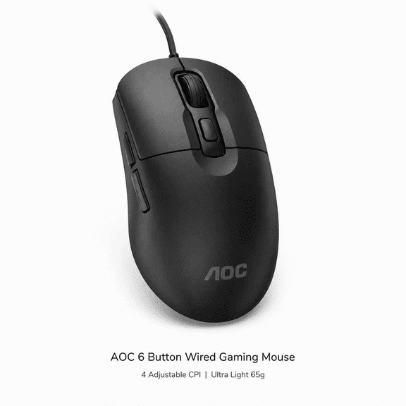 AOC MS170B Ergonomic Wired Optical Mouse, Ultra Light 65g Body, 4-Speed 3600 Max DPI Adjustment, Non-RGB Lighting, USB Interface, 1.6m PVC Cable, 6-Button Mouse for PC, Laptop, Office & Casual Gaming