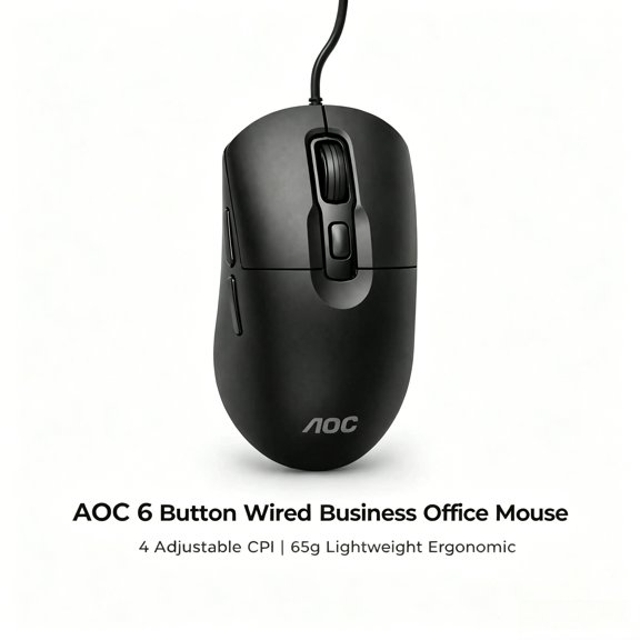 AOC MS170B Multi-Functional Wired Optical Mouse, 65g Portable Compact Size, 4-Gear 3600 Max DPI Adjustment, Non-RGB Lighting, USB Port, 1.6m Extended Cable, 6-Key Mouse for Desktop & Laptop Daily Use