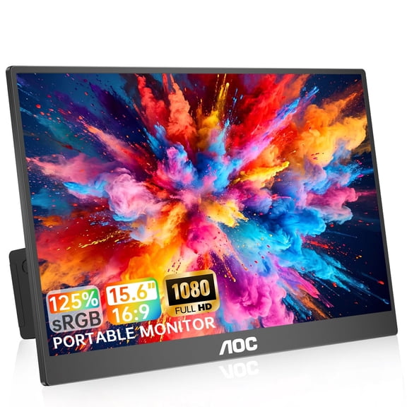 AOC Portable Monitor 15.6inch 125% sRGB IPS 1080P FHD USB-C, HDMI Computer Display HDR Gaming Monitor, Ultra-Slim Second External Monitor with Built-in Speakers for Laptop PC MAC Phone PS Xbox Switch