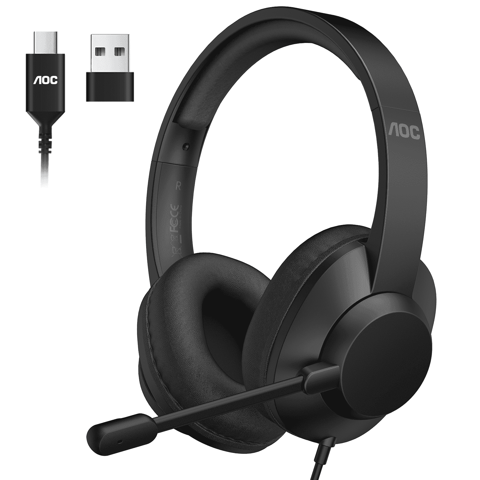 AOC USB Headset with Noise Cancelling Microphone for Work, Lightweight Wired Headphones, Noise-Cancelling Boom, 40mm Audio Drivers, USB-A/C for PC,Mac,Office,Call Centers,Online Meetings
