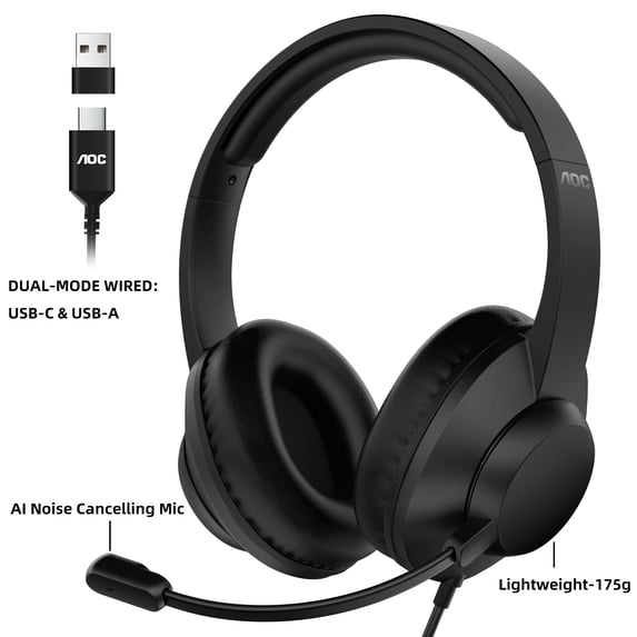 AOC USB Headset with AI Noise Cancelling Microphone for Work ...