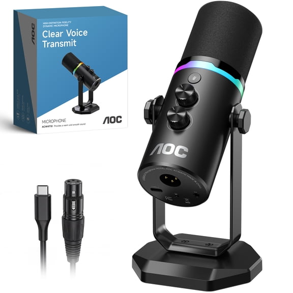 AOC USB/XLR Dynamic Microphone for Podcast Recording, PC Computer Gaming Streaming Mic with RGB Light, Mute Button, Headphones Jack, Desktop Stand, Vocal Mic for Singing YouTube, Black