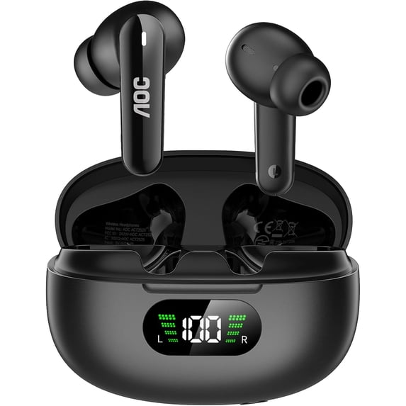 AOC Wireless Earbuds with Smart LED Display, Hybrid Active Noise Cancelling Bluetooth Headphones, 4-Mic Clear Calls, 45H Playtime, 10mm Driver Deep Bass, Dual EQ Modes