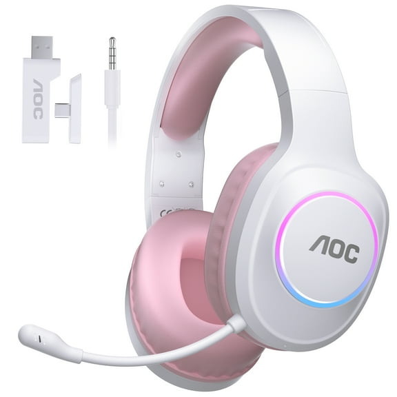 AOC Wireless Gaming Headset 2.4GHz for PS5/PS4/PC/Switch/Xbox - Bluetooth 5.3 Headphones with 7.1 Surround Sound, RGB Lights, Pink