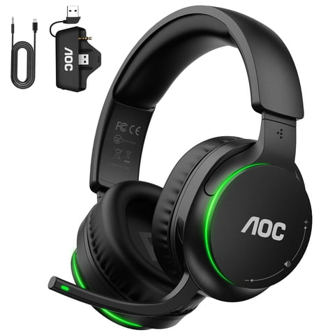 AOC Wireless Gaming Headset for Xbox Series X|S,Xbox One,PS5, PS4,PC,Mac,Switch,Bluetooth,2.4GHz USB Over Ear Gaming Headphones with Flip-to-Mute Mic,50mm Drivers,RGB Lights, Black