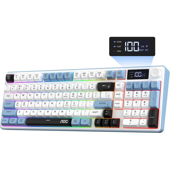 AOC Wireless Gaming Keyboard with Smart Display & Knob Control, Tri-Mode BT/2.4G/USB-C RGB Backlit Creamy Keyboard with Number Pad, Anti-Ghosting Keys, Compatible for Windows Mac