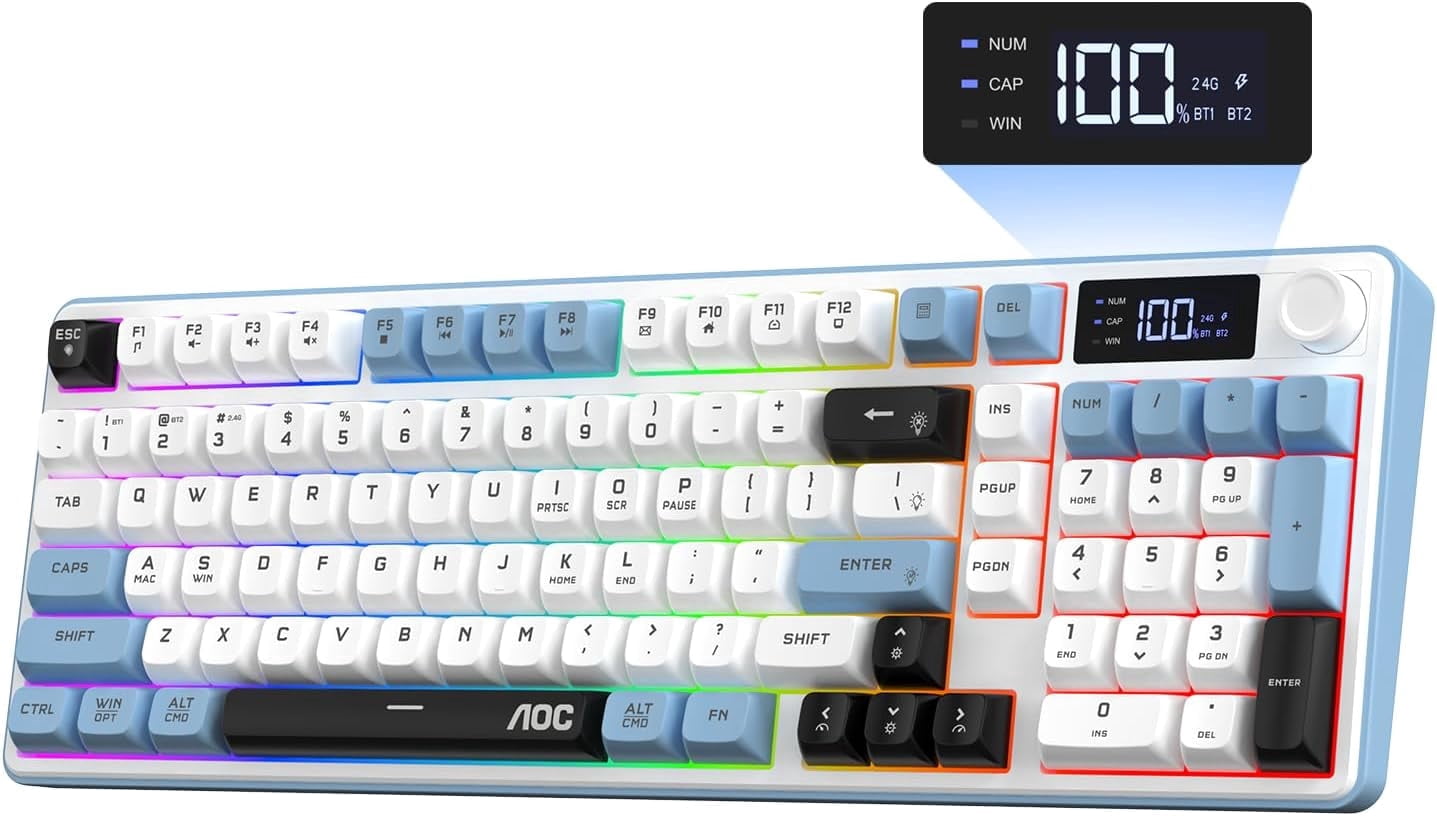 AOC Wireless Gaming Keyboard with Smart Display & Knob Control, Tri-Mode BT/2.4G/USB-C RGB Backlit Creamy Keyboard with Number Pad, Anti-Ghosting Keys, Compatible for Windows Mac