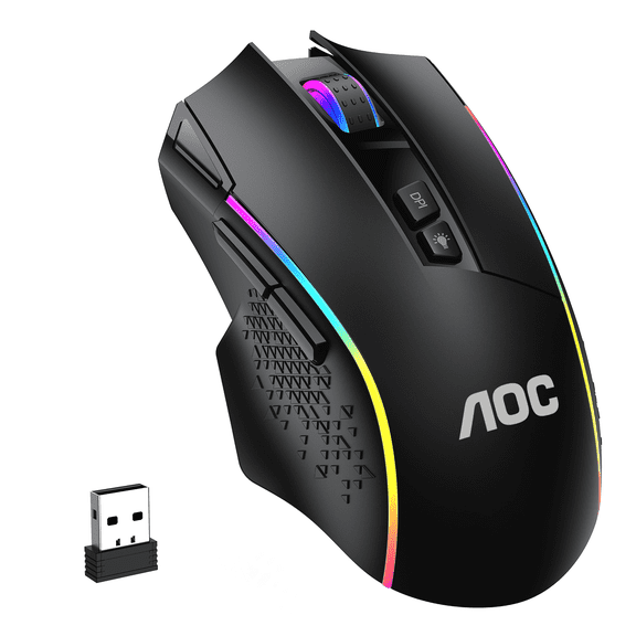 AOC Wireless Gaming Mouse with Fire Button,12000 DPI Tri-Mode 2.4G/Dual Bluetooth 5.4/USB-C Wired PC Mice,RGB Ergonomic Programmable Rechargeable Gamer Mouse for Windows Mac Laptop, 70Hr-Black