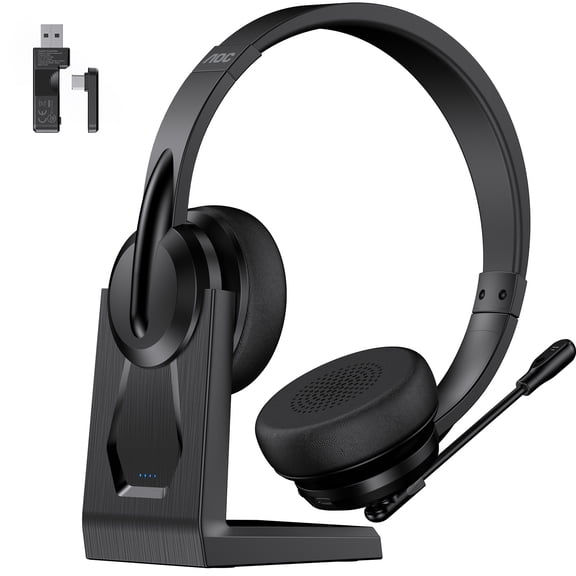 AOC Wireless Headset with Microphone for Work, Bluetooth Headset, Computer Headset with Noise Cancelling Mic, Charging Base, USB Dongle for Work, Cell Phones, Computer, Black