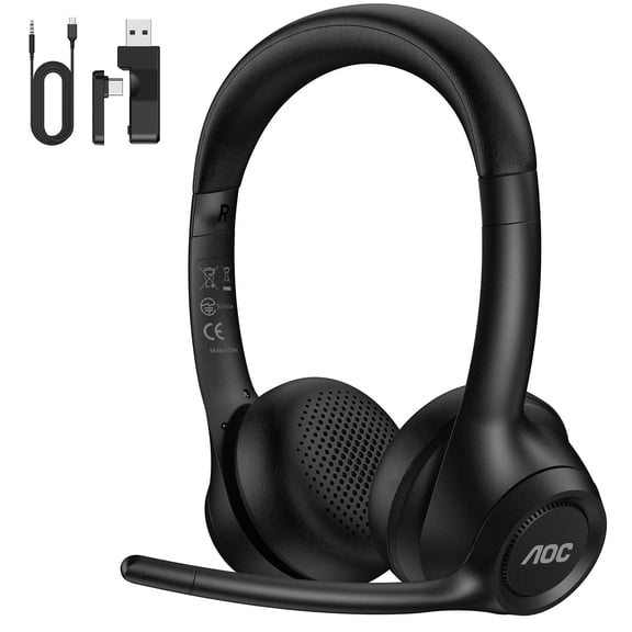AOC Wireless Headset with AI Noise-Canceling Mic, 40mm Driver, 3-Mode Connection, for Home Office Remote Work Zoom, Black