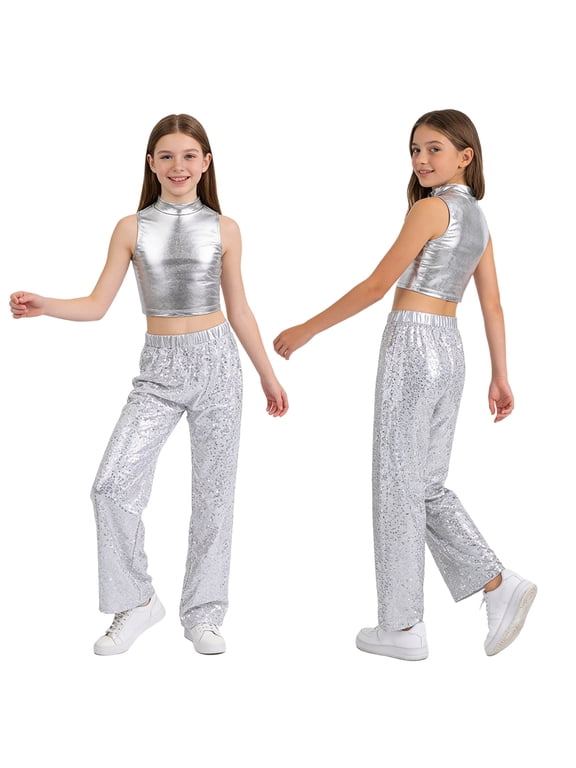 Girls Shiny Sequin Pants Dance Outfit with Mock Neck Metallic Crop Tops Jazz Hip Hop Disco Dancewear Silver 12