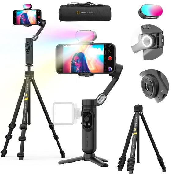 AOCHUAN 3-AxisGimbal Stabilizer for iPhone & Android w/RGB Light, Handheld Phone Gimbal for Video Recording w/AI Tracking,1/4 Thread, Extendable Tripod, Padded Carry Bag(Smart X Complete Combo1)