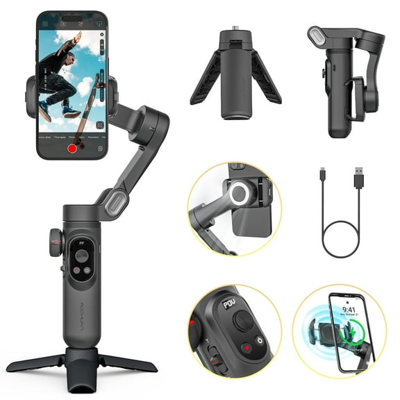 AOCHUAN Gimbal Stabilizer for Smartphone Video Recording, Buildin LED Light, 3-Axis Professional Gimbal, OLED Display, Focus Wheel, Black
