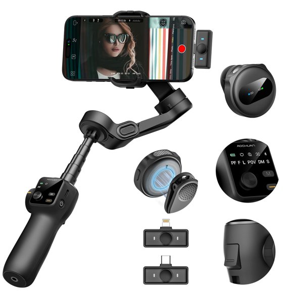 AOCHUAN Gimbal Stabilizer for iPhone & Android,3-Axis Phone Gimbal w/Wireless Lavalier Microphone,Built-in 7.8" Extension Pole,OLED Display,Phone Stabilizer for Video Recording TikTok(V8 Mic Kit)