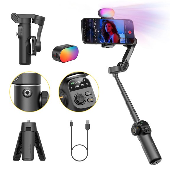 AOCHUAN Gimbal Stabilizer for iPhone, Phone Gimbal w/RGB Magnetic Fill Light, Foldable Gimbal Built in 7.8' Extension Rod and OLED Display for iPhone/Android Excellent for Vlogging-Smart X2 Kit Black