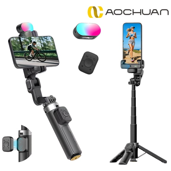 AOCHUAN Smart M3 Pro Mini AI Tracking Gimbal Stabilizer for iPhone, 360 Rotation Selfie Stick with Wireless Remote, One-Touch Open Tripod, RGB Fill Light, Built-in Extension Pole