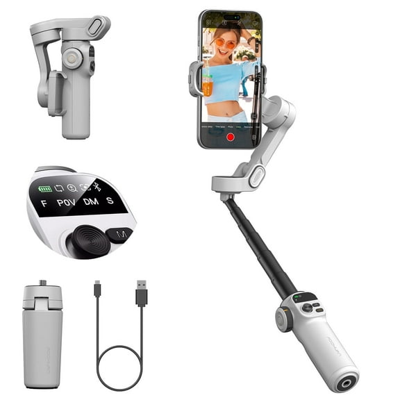 AOCHUAN Smart X2 Gimbal Stabilizer for Smartphone, Built-in 20cm Extension Rod, 3-axis Handheld Smartphone Gimbal,Video Recording, White