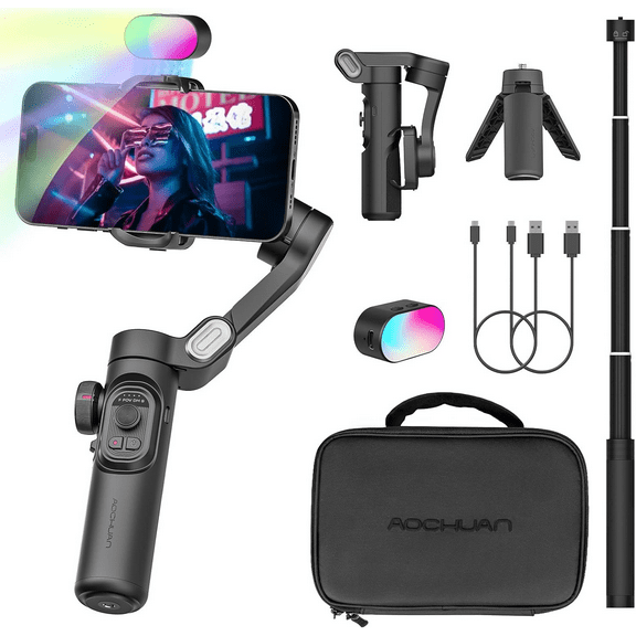 AOCHUAN Smartphone Gimbal Stabilizer for iPhone 15 Pro Max Android Phone with Extension Rod 3-Axis Phone Gimbal Stabilizer with Follow Focus for Vlogging TikTok YouTube(Smart XE Combo1)
