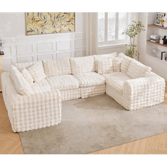 AODAILIHB 135" U-Shaped Cloud Sectional Sofa with Chaise, Boneless Memory Foam, Deep Fluffy Seats & Upgraded Fabric, Beige