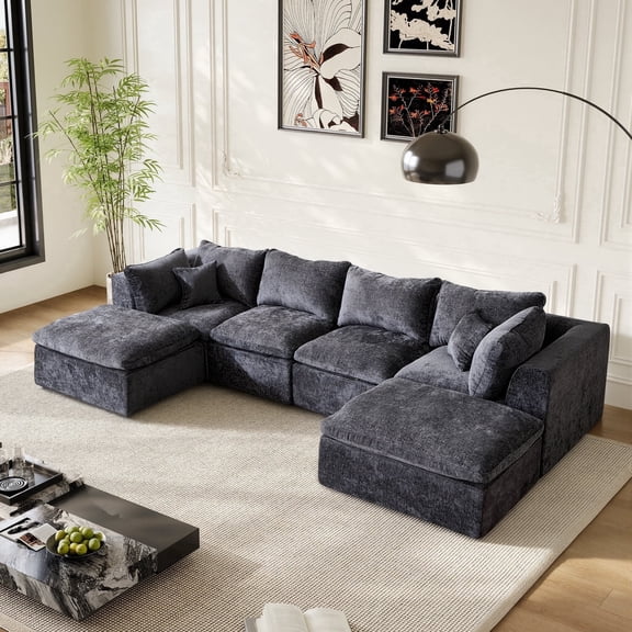 AODAILIHB 146" U-Shaped Cloud Sectional Sofa, Boneless Modular Couch with Ottoman & Memory Foam, Oversized Comfy Sofa for Living Room, Gray