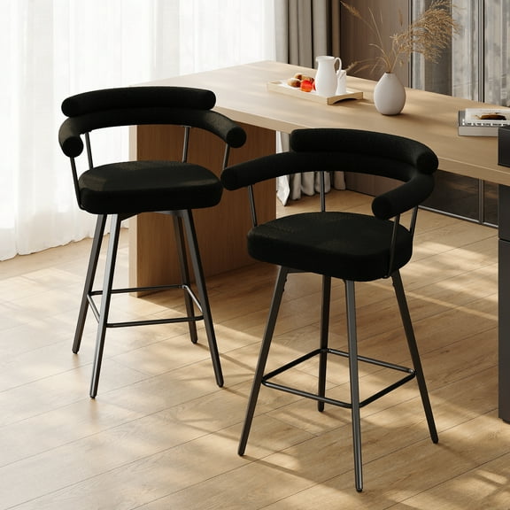 AODAILIHB 26'' Swive Bar Stools Set of 2, Mid Century Modern Upholstered Fabric Bar Stool, Counter Height Chairs with Full Backrest for Kitchen Island, Cafe, Pub,Black