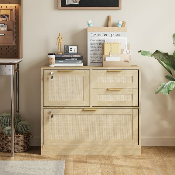 AODAILIHB 4-Drawer Wood File Cabinet with Lock, Lateral Filing Cabinet with Open Storage Shelves, Rattan Filing Organization Storage Cabinets for Home Office, Oak