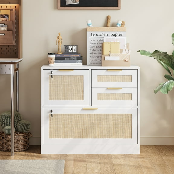 AODAILIHB 4-Drawer Wood File Cabinet with Lock, Lateral Filing Cabinet with Open Storage Shelves, Rattan Filing Organization Storage Cabinets for Home Office, White