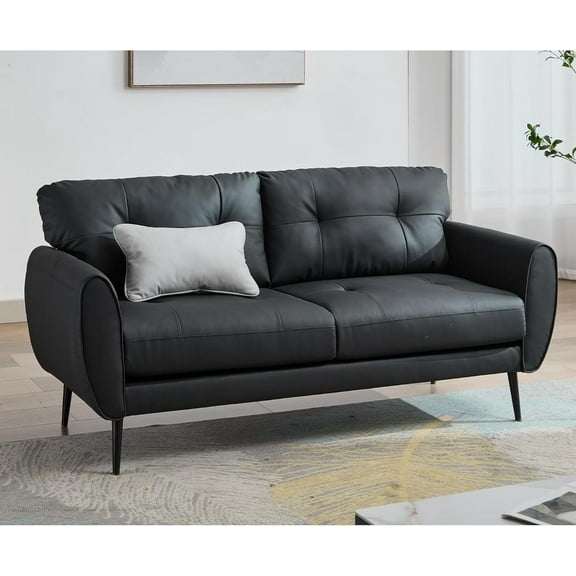 AODAILIHB 61" Mini Leather Arm Couch, 2 Seater Modern L-Shaped Sofa, Mid Century Modern Small Comfy Loveseat Sofa for Living Room, Bedroom, Office, Black