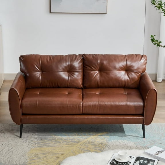 AODAILIHB 61" Mini Leather Arm Couch, 2 Seater Modern L-Shaped Sofa, Mid Century Modern Small Comfy Loveseat Sofa for Living Room, Bedroom, Office, Brown