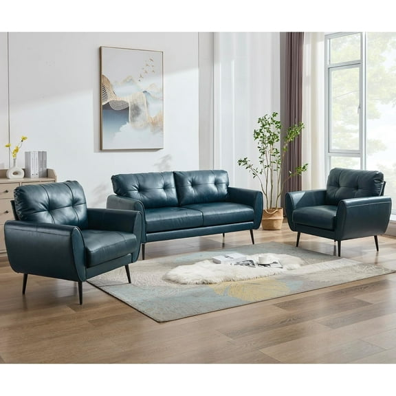 AODAILIHB 61" Mini Leather Arm Couch Set of 3, 2 Seater Modern L-Shaped Sofa, Modern Small Comfy Loveseat Sofa, Blue