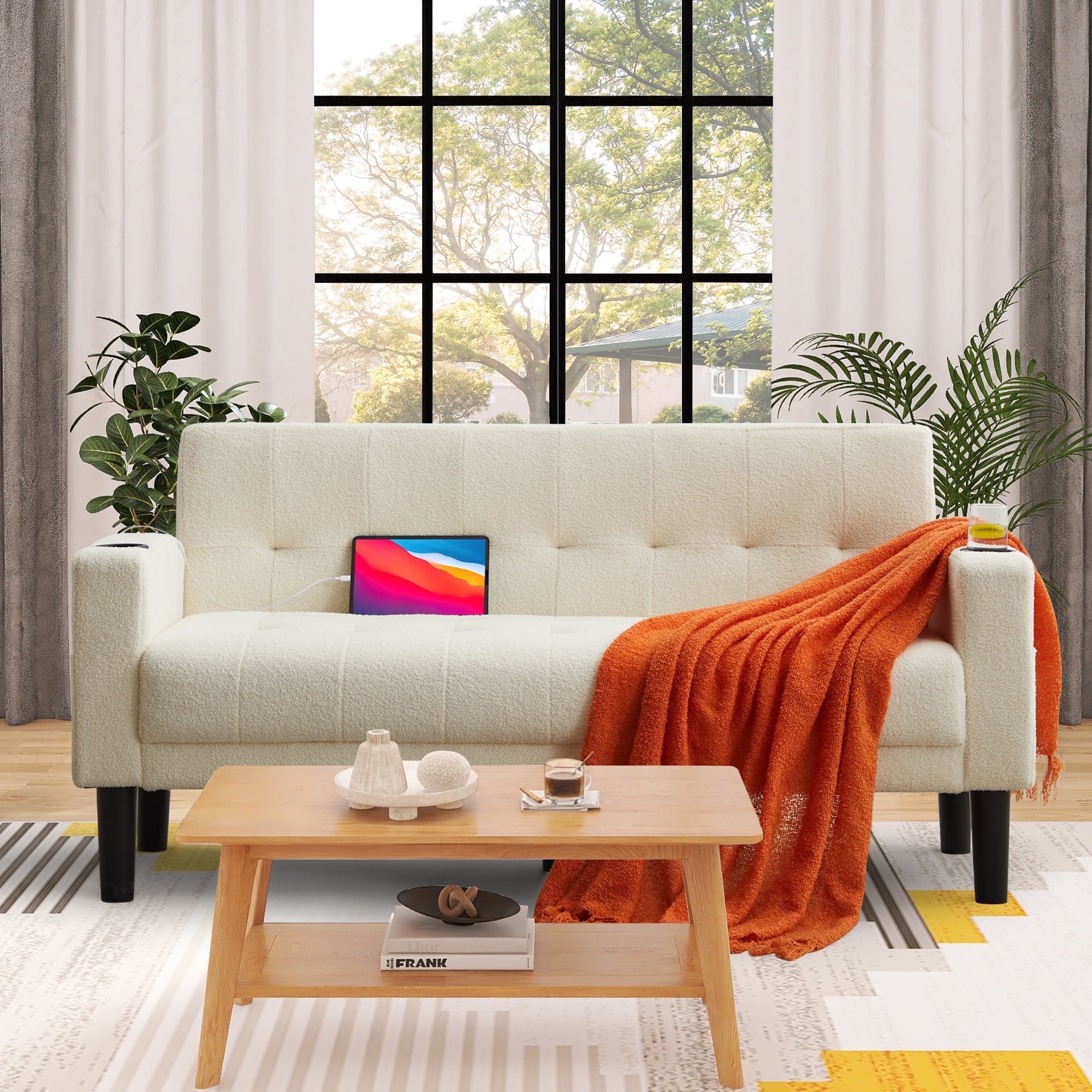 AODAILIHB 62" W Loveseat Sofa, Small Modern Fabric Sofa with 2 USB Charger Ports & 2 Cupholders, Teddy Fleece Sofa, White