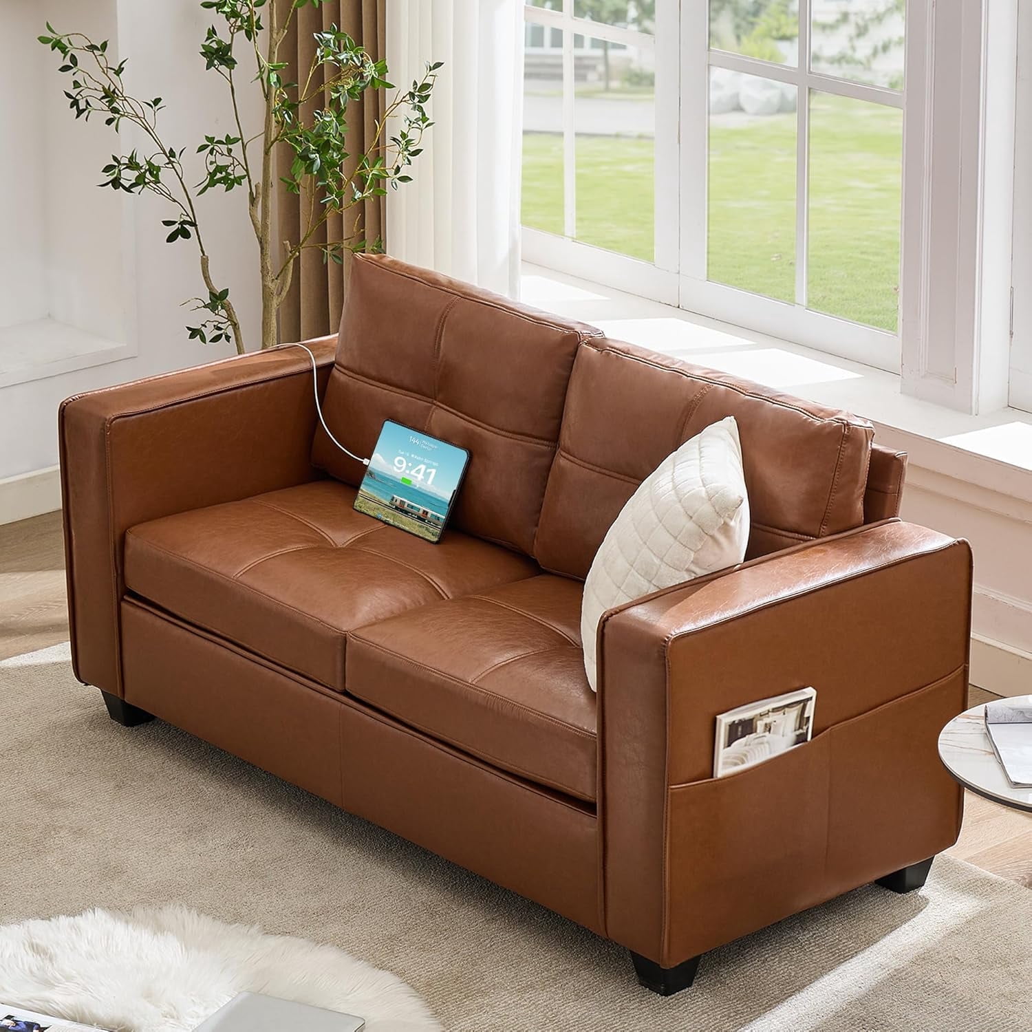 AODAILIHB 65" W Faux Leather Loveseat Sofa, Modern Tufted Comfy Office Small Couch w/USB Charging Ports and Wide Arms, Brown