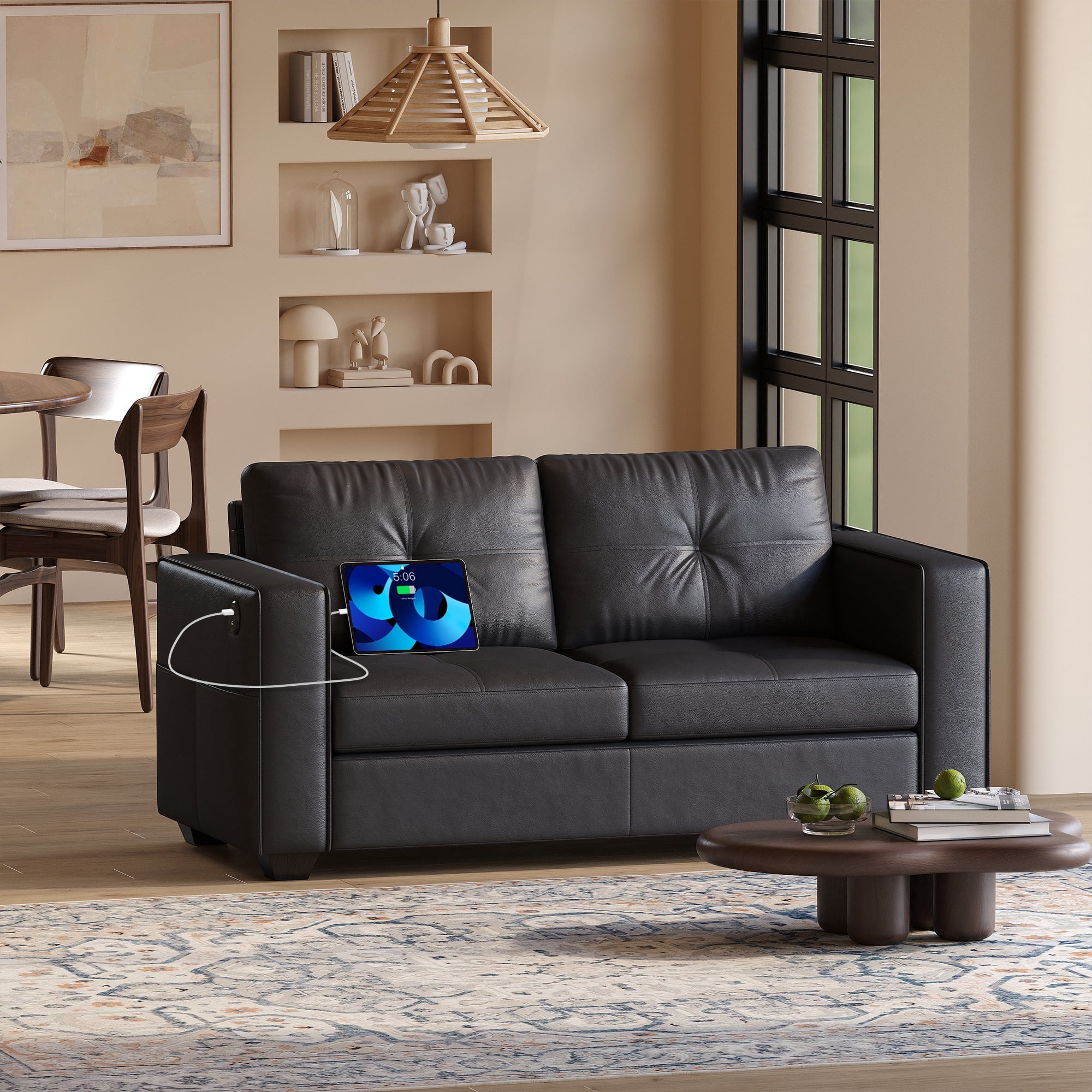 AODAILIHB 65" W Linen Fabric 2-Seat Sofa, Modern Love Seat Couch with 2 USB Charging Ports and Stowage Pocket, Upholstered Arm Sofa For Living Room, Office
