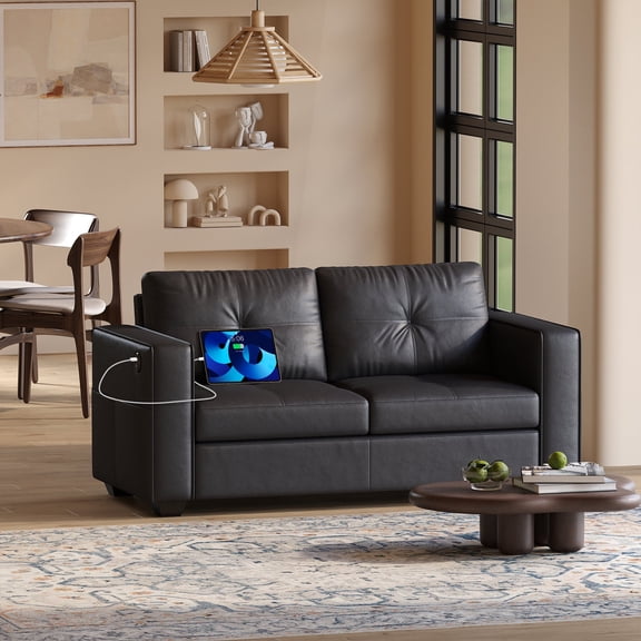 AODAILIHB 65" W Linen Fabric 2-Seat Sofa, Modern Love Seat Couch with 2 USB Charging Ports and Stowage Pocket, Upholstered Arm Sofa For Living Room, Office