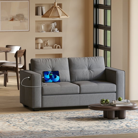 AODAILIHB 65" W Linen Fabric 2-Seat Sofa, Modern Love Seat Upholstered Couch with 2 USB Charging Ports and Stowage Pocket