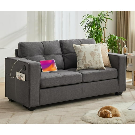 AODAILIHB 65" W Linen Fabric Loveseat Sofa, Modern Tufted Comfy Office Small Couch w/USB Charging Ports and Wide Arms, Gray