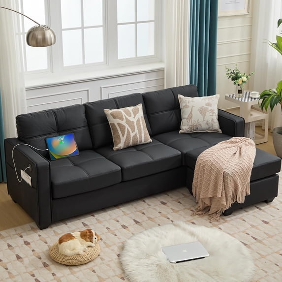 AODAILIHB 88" W Faux Leather L Shaped Sectional Sofa, Modern Comfy Modular Office Small Couch w/USB Charging Ports and Wide Arms, Black
