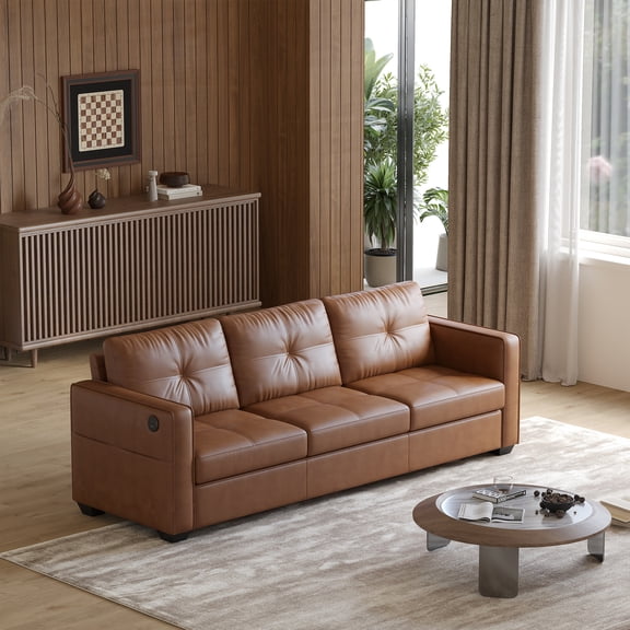 AODAILIHB 88" W Linen Fabric 3-Seat Sofa, Modern Love Seat Couch with 2 USB Charging Ports and Stowage Pocket, Upholstered Arm Sofa For Living Room, Office, Brown