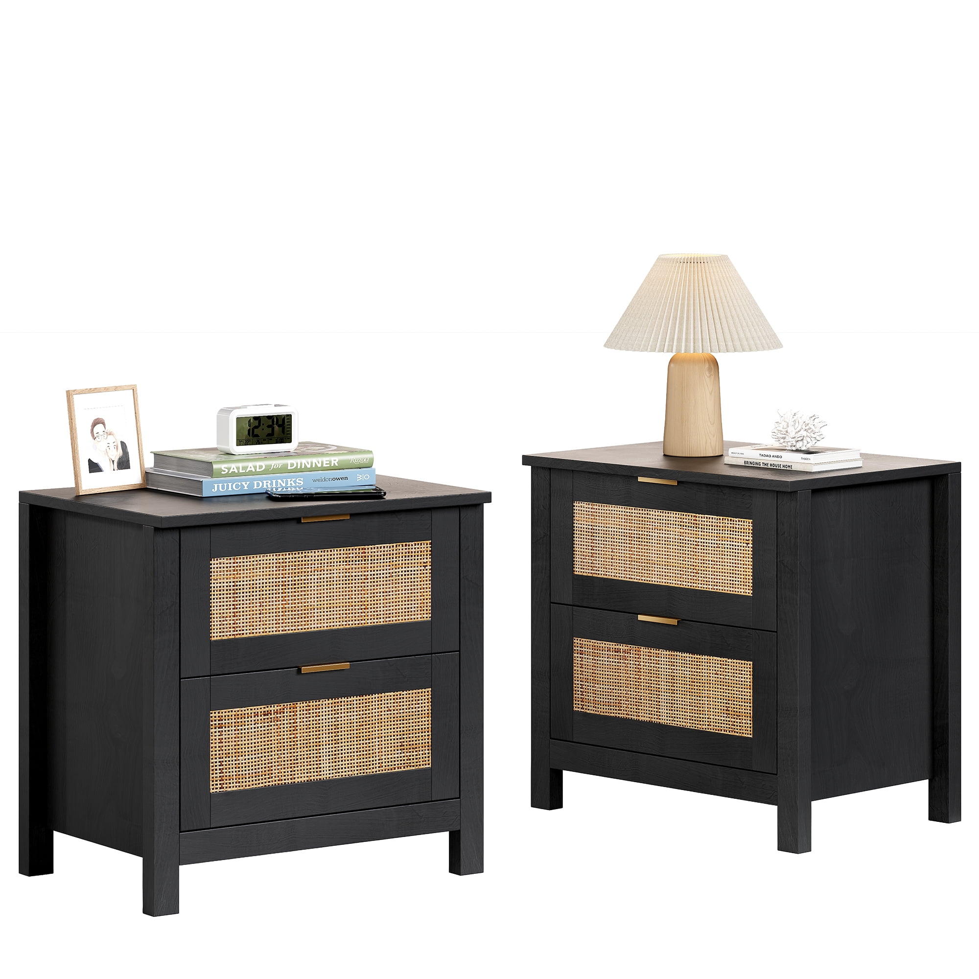 AODAILIHB Accent Bed Side Table, Rattan Night Stands Decor Drawer set of 2, Natural Wood Side Table with Wireless Charging Station, Black