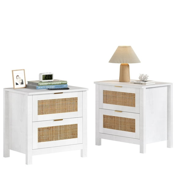 AODAILIHB Accent Bed Side Table, Rattan Night Stands Decor Drawer set of 2, Natural Wood Side Table with Wireless Charging Station, White