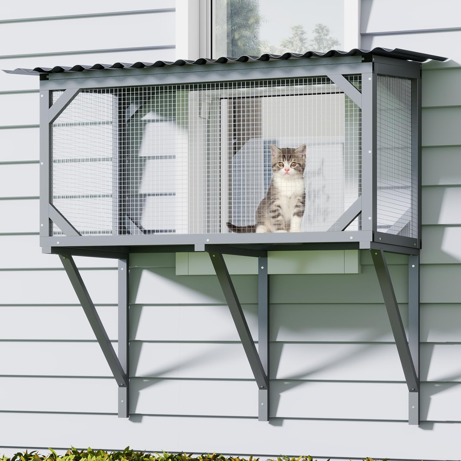 Gray Wooden Expandable Cat Window Perch Enclosure