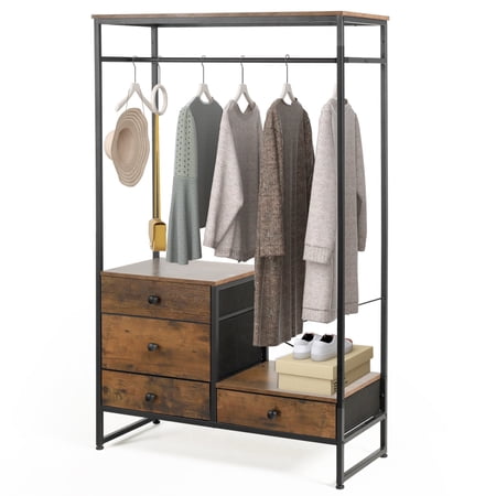 AODAILIHB Free Standing Clothes Rack, Industrial Garment Rack with Shelves Drawers and Hooks, Small Clothes Rack for Entryway Rustic