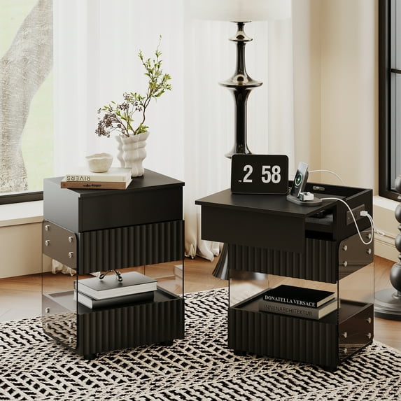 AODAILIHB LED Nightstand set of 2 with Gun Drawer, 7 Color Dimmable LED End Table with Charging Station,Modern Nightstand Sliding Desktop with Lnvisible Lock, Black