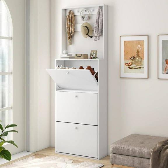 AODAILIHB Shoe Rack, 3 Tier Shoe Storage Cabinet, Freestanding Tipping Shoe Shelves Organizer, White