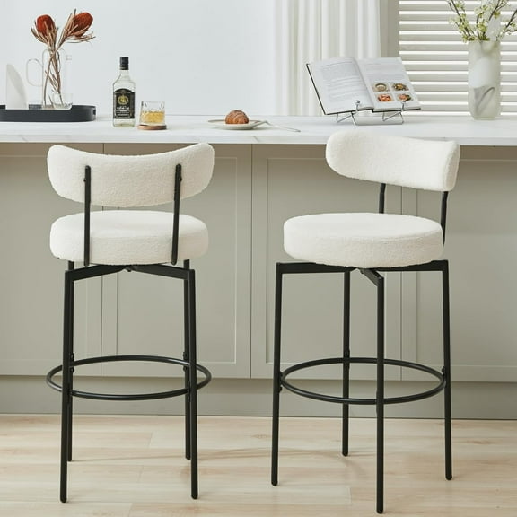 AODAILIHB Swivel Bar Stools Set of 2, Counter Height Bar Stools with Back and Metal Legs, High Top Island Chairs with Footrest, Sherpa Tall Kitchen Bar Chair Boucle White Bar Stools (White, Set of 2)
