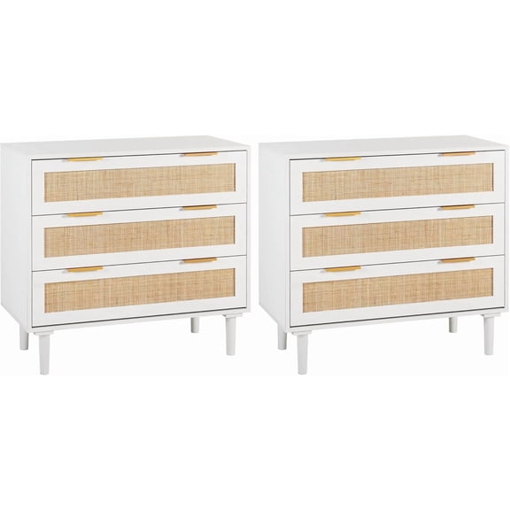 AODAILIHB Wood 3 Drawer Rattan Nightstand Set of 2, Natural Rattan Stand with 3 Large Wicker Decorated Drawers, Larger Night Stand Modern Closet Chest, White